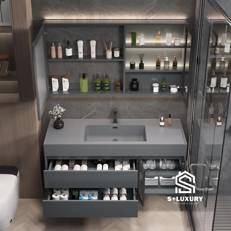 Chi tiết ngăn kéo đôi tủ chậu lavabo DH-01 mở rộng khoét chữ U uốn quanh xiphong để đồ tiện lợi Chi tiết ngăn kéo đôi tủ chậu lavabo DH-01 mở rộng khoét chữ U uốn quanh xiphong để đồ tiện lợi