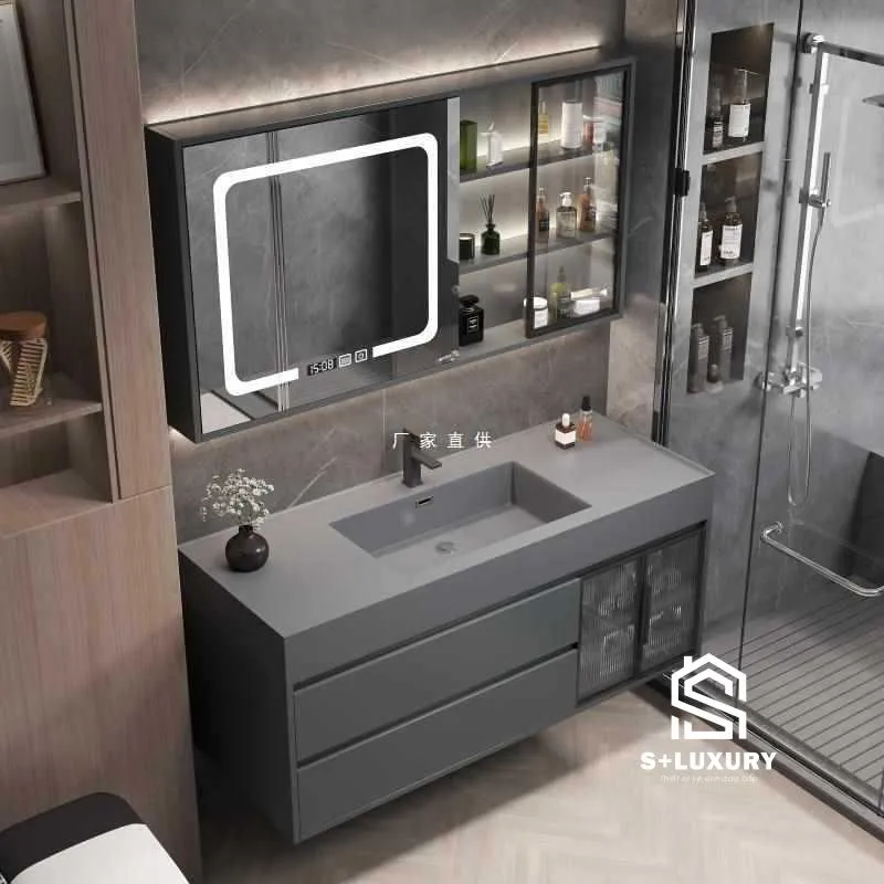 Phối cảnh bộ tủ chậu lavabo tràn viền liền khối DH-01 màu xám hiện đại kèm tủ gương LED cảm ứng Phối cảnh bộ tủ chậu lavabo tràn viền liền khối DH-01 màu xám hiện đại kèm tủ gương LED cảm ứng