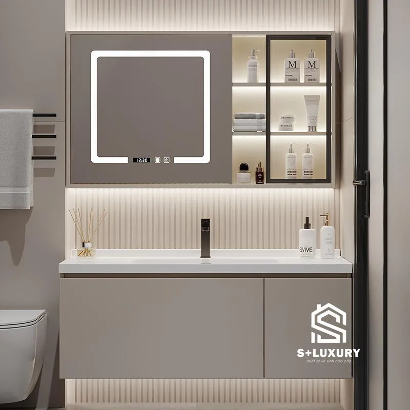 Bộ Tủ Chậu Lavabo Phòng Tắm Cánh Nan Sóng DH-19 Kèm Tủ Gương LED Bộ tủ chậu lavabo phòng tắm tràn viền DH-19 cánh nan sóng màu xám ghi kèm tủ gương LED cảm ứng
