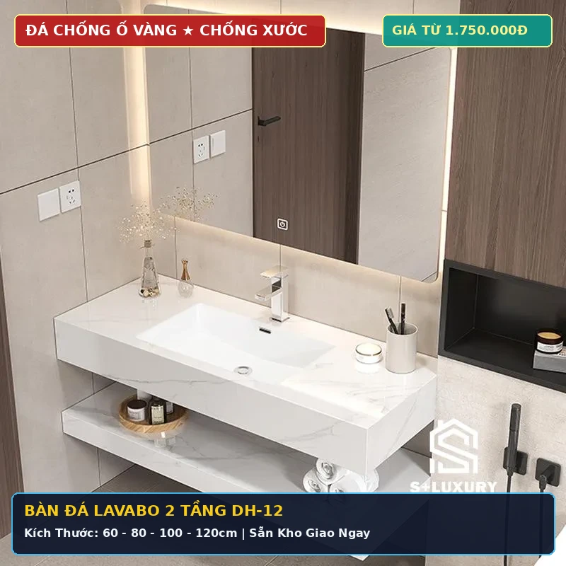 Chậu Rửa Lavabo Mặt Đá 2 Tầng DH-12 Kèm Gương LED Chậu rửa lavabo mặt đá 2 tầng DH-12 đá chống ố chống trầy xước kèm gương LED và báo giá