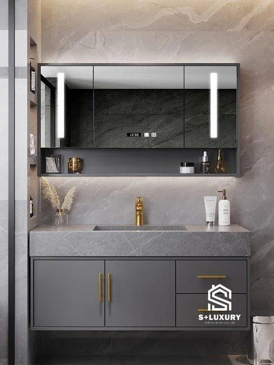 Tủ Chậu Bàn Đá Lavabo Phòng Tắm DH-11 Chính Diện Bộ tủ chậu bàn đá lavabo phòng tắm treo tường cao cấp S+ Luxury DH-11