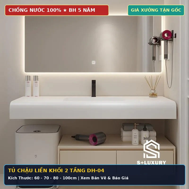 Tủ chậu lavabo liền khối 2 tầng DH-04 chống nước 100% kèm bản vẽ kích thước và giá xưởng Tủ chậu lavabo liền khối 2 tầng DH-04 chống nước 100% kèm bản vẽ kích thước và giá xưởng