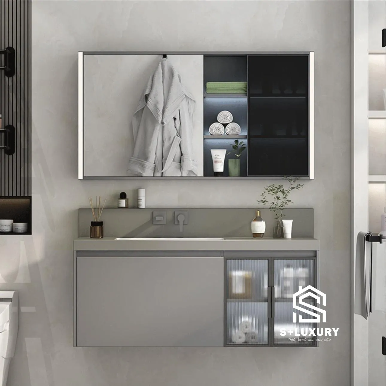 Tủ Chậu Lavabo Âm Tường DH-06 Chính Diện Bộ tủ chậu lavabo âm tường kèm tủ gương thông minh S+ Luxury DH-06
