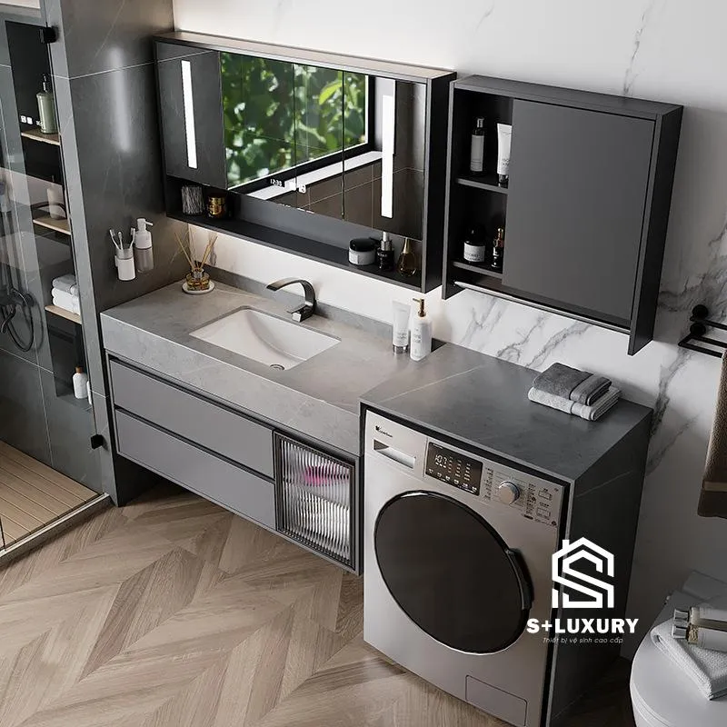 Phối cảnh phòng giặt tích hợp tủ chậu lavabo và máy giặt hiện đại DH-21 Phối cảnh phòng giặt tích hợp tủ chậu lavabo và máy giặt hiện đại DH-21