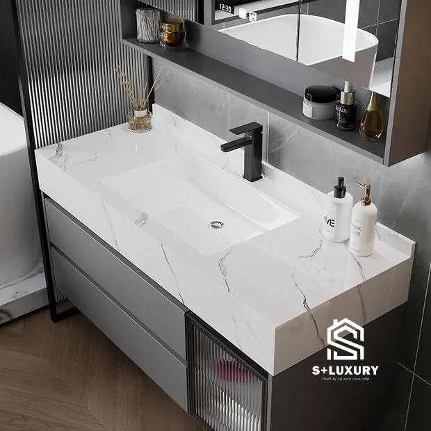 Phối cảnh phòng tắm sang trọng với tủ chậu vân đá DH-05 Phối cảnh phòng tắm sang trọng với tủ chậu vân đá DH-05