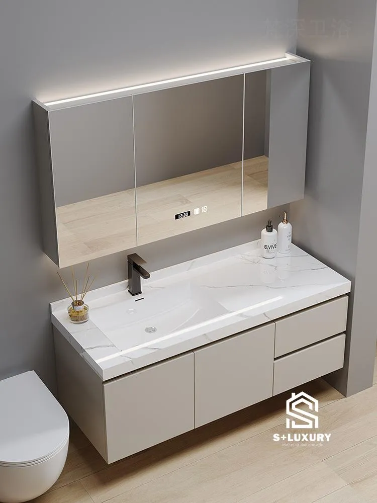 Phối cảnh thực tế bộ tủ chậu lavabo mặt đá nung kết tràn viền DH-10 cùng hệ tủ gương soi toàn phần Phối cảnh thực tế bộ tủ chậu lavabo mặt đá nung kết tràn viền DH-10 cùng hệ tủ gương soi toàn phần