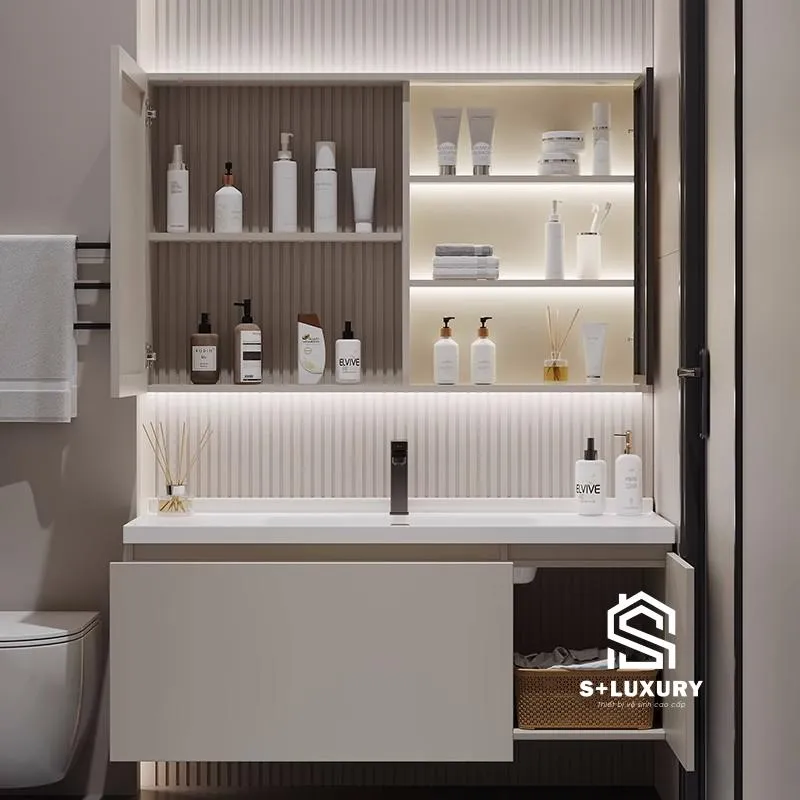 Phối cảnh góc nghiêng bộ tủ chậu lavabo phòng tắm DH-19 màu xám ghi họa tiết nan sóng 3D hiện đại Phối cảnh góc nghiêng bộ tủ chậu lavabo phòng tắm DH-19 màu xám ghi họa tiết nan sóng 3D hiện đại
