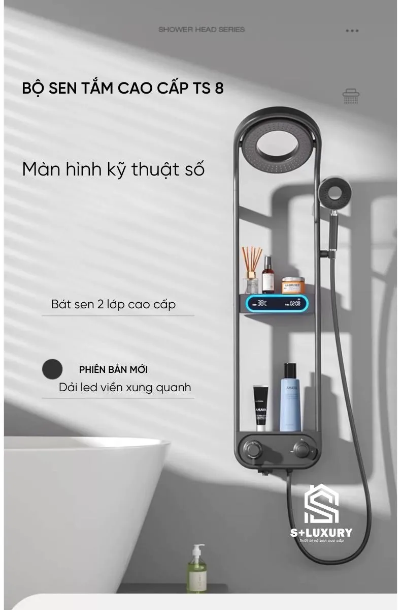 Sen tắm cây TS-08 với màn hình LED và bát sen trần hai lớp Tổng thể sen tắm cây TS-08 với màn hình LED và bát sen trần