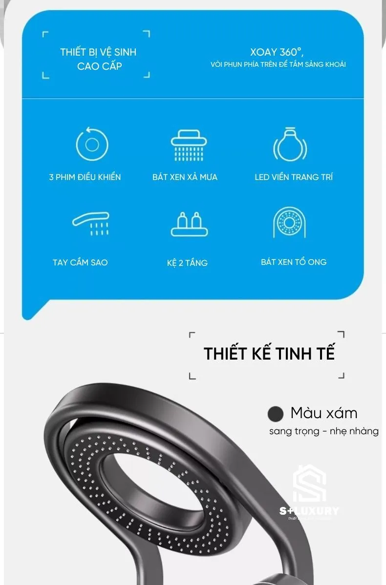 Các tính năng của sen tắm TS-08 gồm bát sen xoay 360 độ