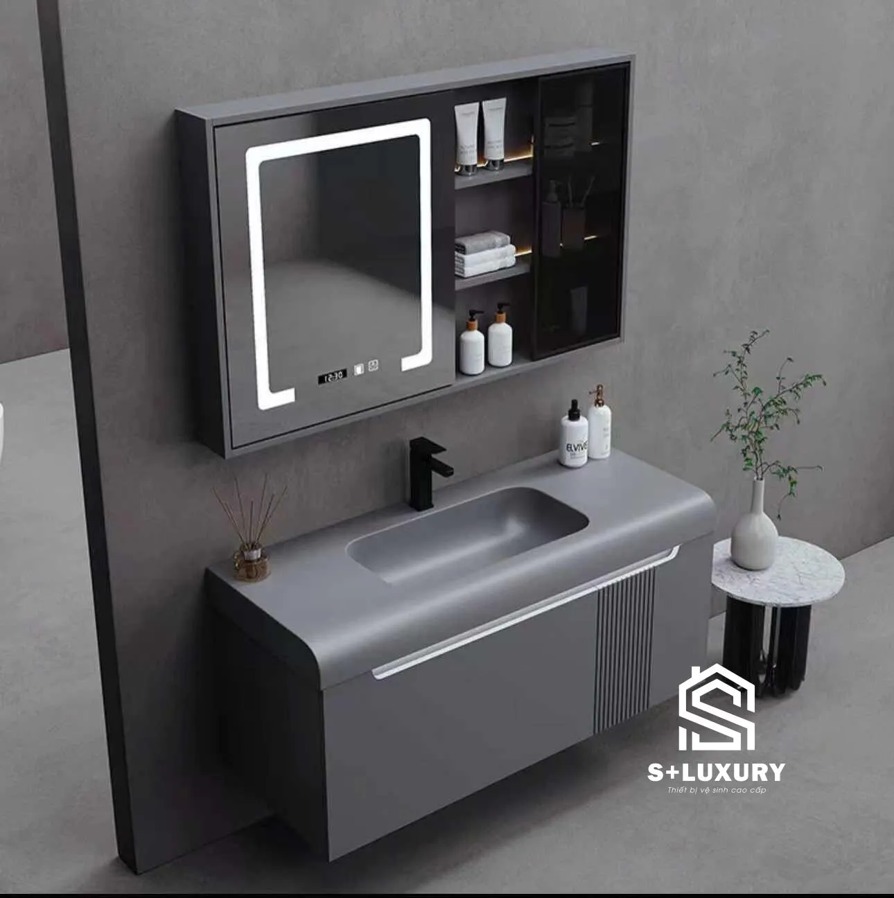 Cận cảnh góc bo tròn R50 mềm mại chống va đập của tủ chậu DH-24