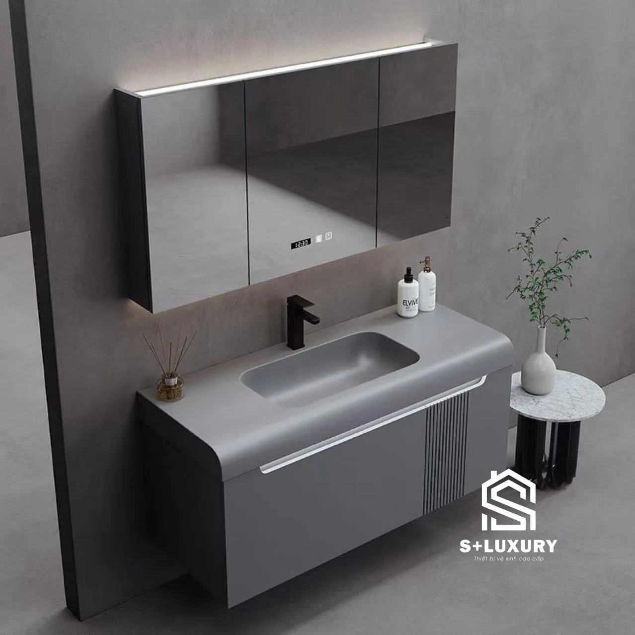 Phối cảnh phòng tắm sang trọng hiện đại với tủ chậu bo góc DH-24