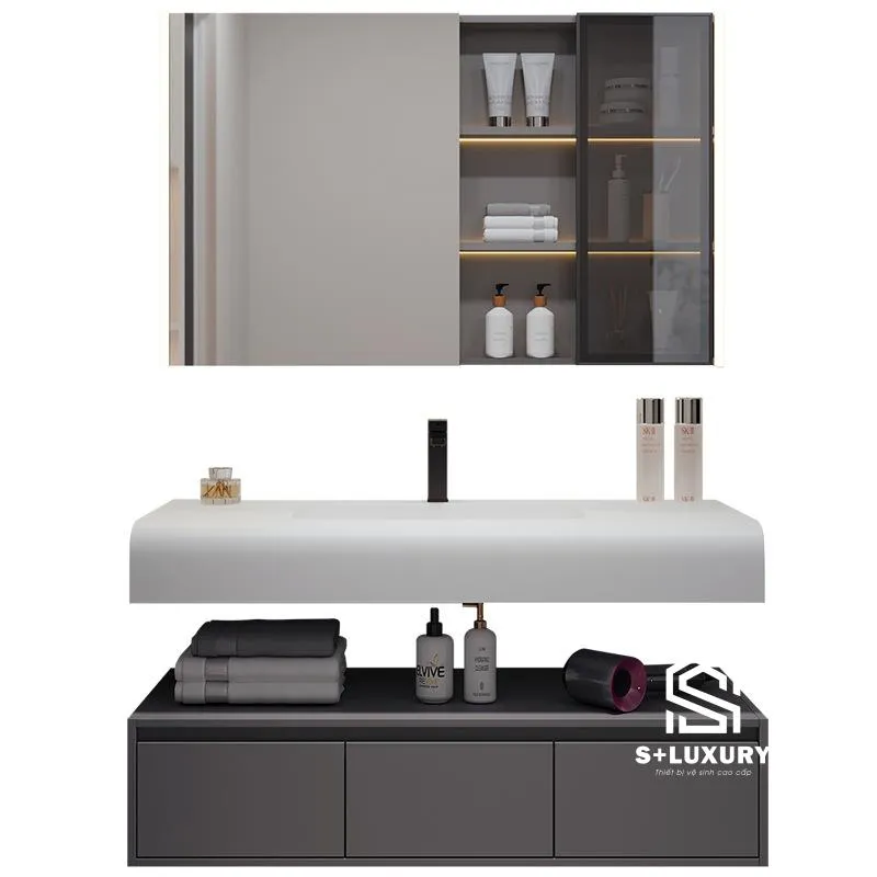 Trọn bộ tủ chậu lavabo 2 tầng viền bo tròn DH-04X màu xám gồm tủ chính, đợt kệ dưới và tủ gương LED Trọn bộ tủ chậu lavabo 2 tầng viền bo tròn DH-04X màu xám gồm tủ chính, đợt kệ dưới và tủ gương LED