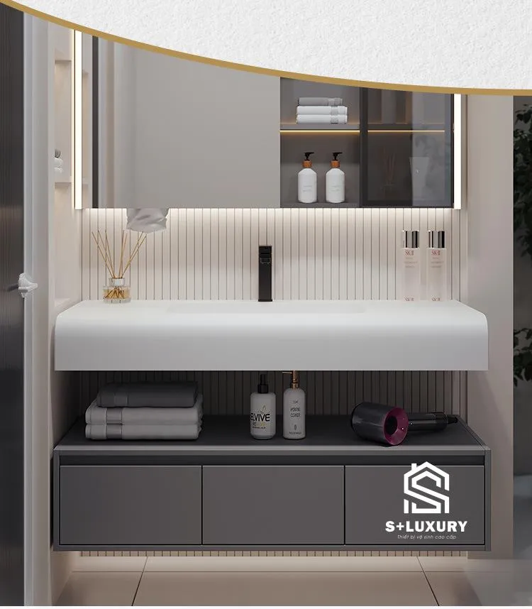 Phối cảnh thực tế bộ tủ chậu lavabo 2 tầng viền bo tròn DH-04X màu xám trong không gian phòng tắm sang trọng Phối cảnh thực tế bộ tủ chậu lavabo 2 tầng viền bo tròn DH-04X màu xám trong không gian phòng tắm sang trọng