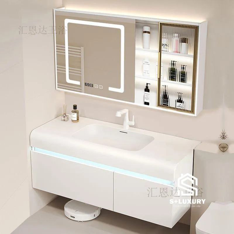 Tủ Chậu Bo Tròn Màu Trắng Kèm Tủ Gương Thông Minh DH-38 Bộ tủ chậu lavabo bo tròn màu trắng sứ kết hợp tủ gương LED cảm ứng thông minh DH-38