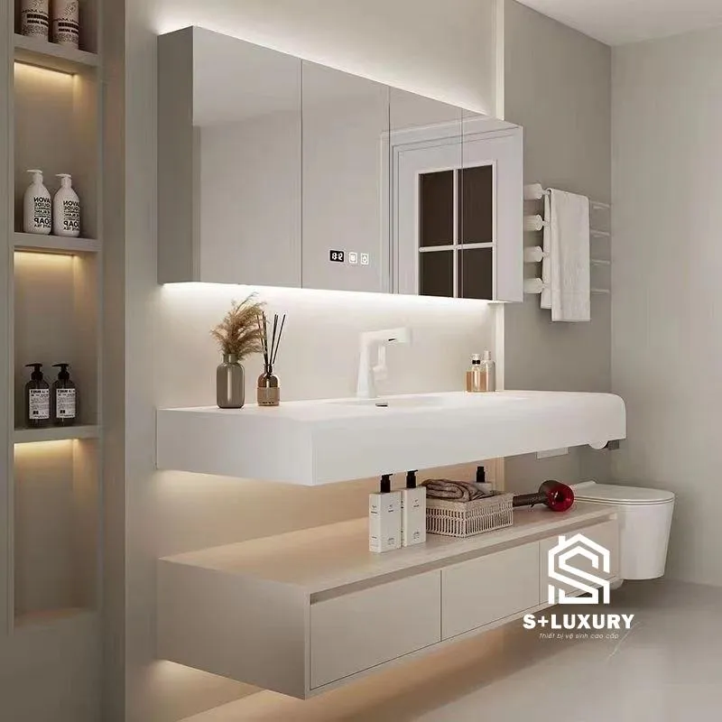Tủ Chậu Lavabo 2 Tầng Bo Tròn DH-04B Chính Diện Bộ tủ chậu lavabo 2 tầng viền bo tròn màu kem be S+ Luxury DH-04B