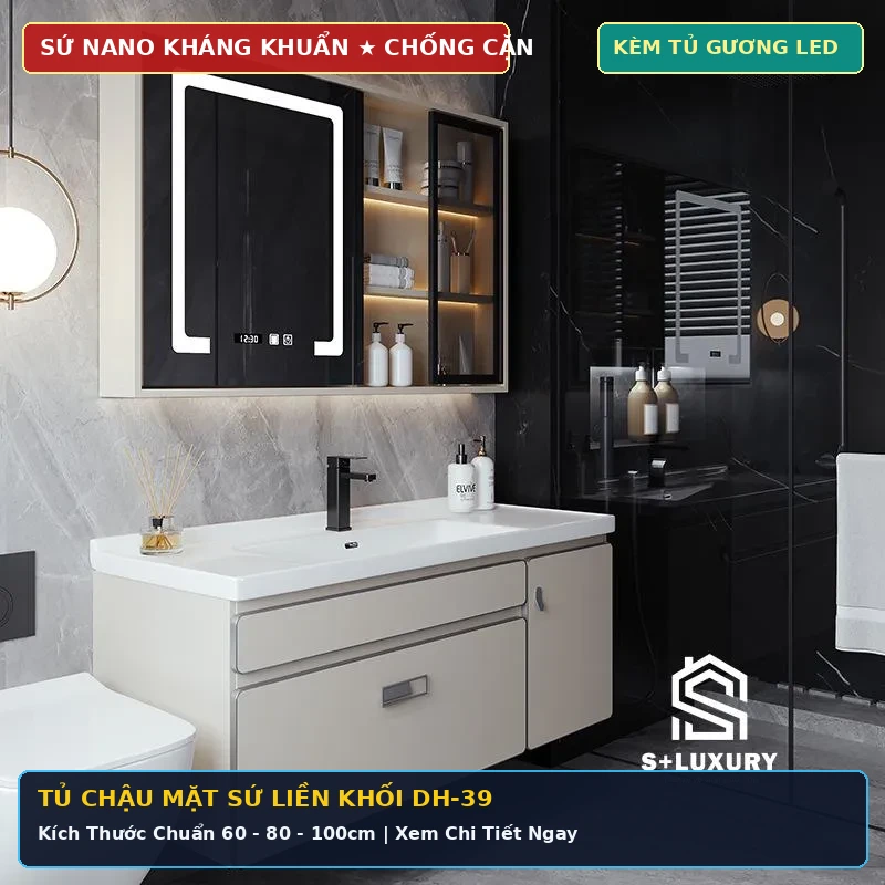 Tủ Chậu Lavabo Mặt Sứ Liền Khối DH-39 Kèm Tủ Gương LED Tủ chậu lavabo mặt sứ liền khối DH-39 men Nano kháng khuẩn kèm tủ gương LED và thông số kỹ thuật