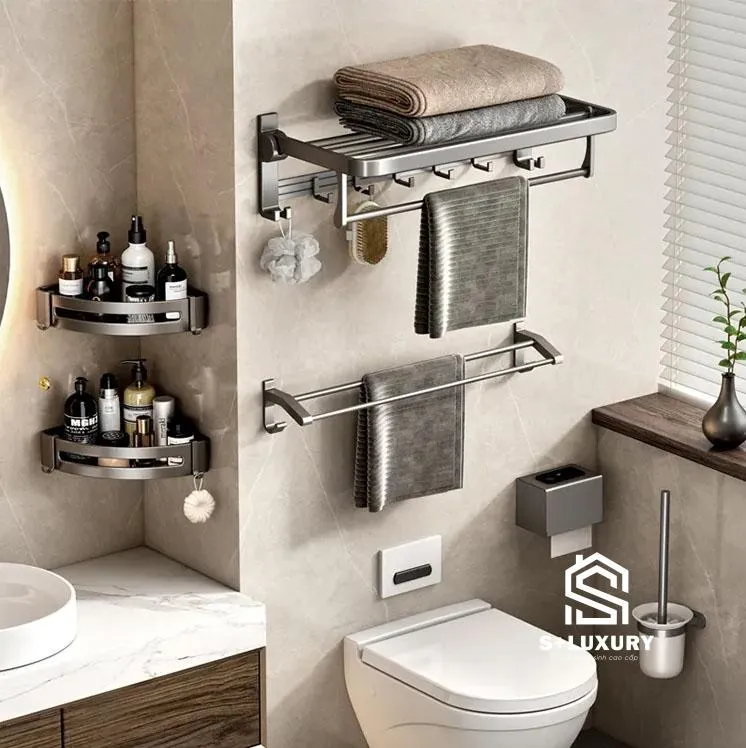 01-2 Bộ phụ kiện nhà tắm, nhà vệ sinh 6 món Mạ xám