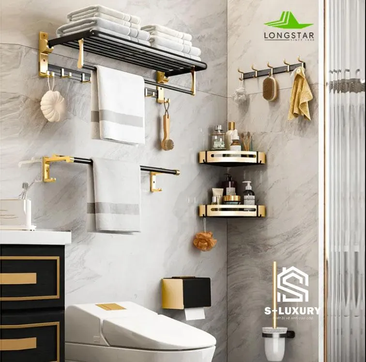 021 Bộ phụ kiện nhà tắm 7 món Đen Vàng