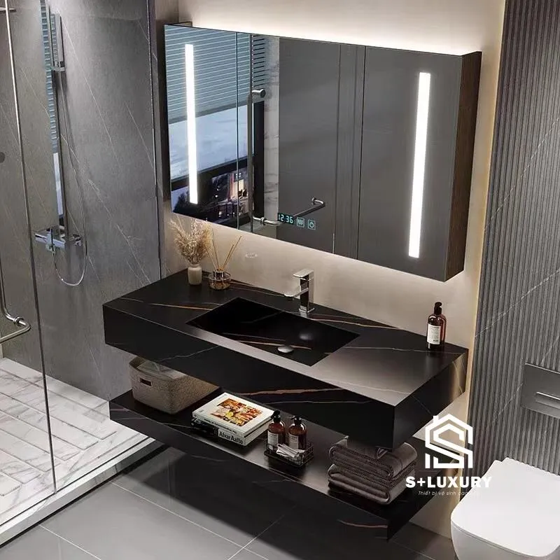 Bàn Đá Đôi Nhân Tạo Liền Khối 2 Tầng S+ Luxury NT-60 Bàn đá đôi nhân tạo đúc liền khối 2 tầng kèm tủ gương LED cảm ứng S+ Luxury NT-60