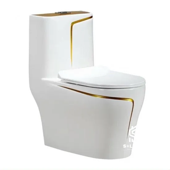 Bồn Cầu 1 Khối Men Sứ Trắng Viền Vàng Hoàng Gia S+ Luxury T-B003 Bồn cầu 1 khối men sứ trắng viền vàng phong cách tân cổ điển S+ Luxury T-B003