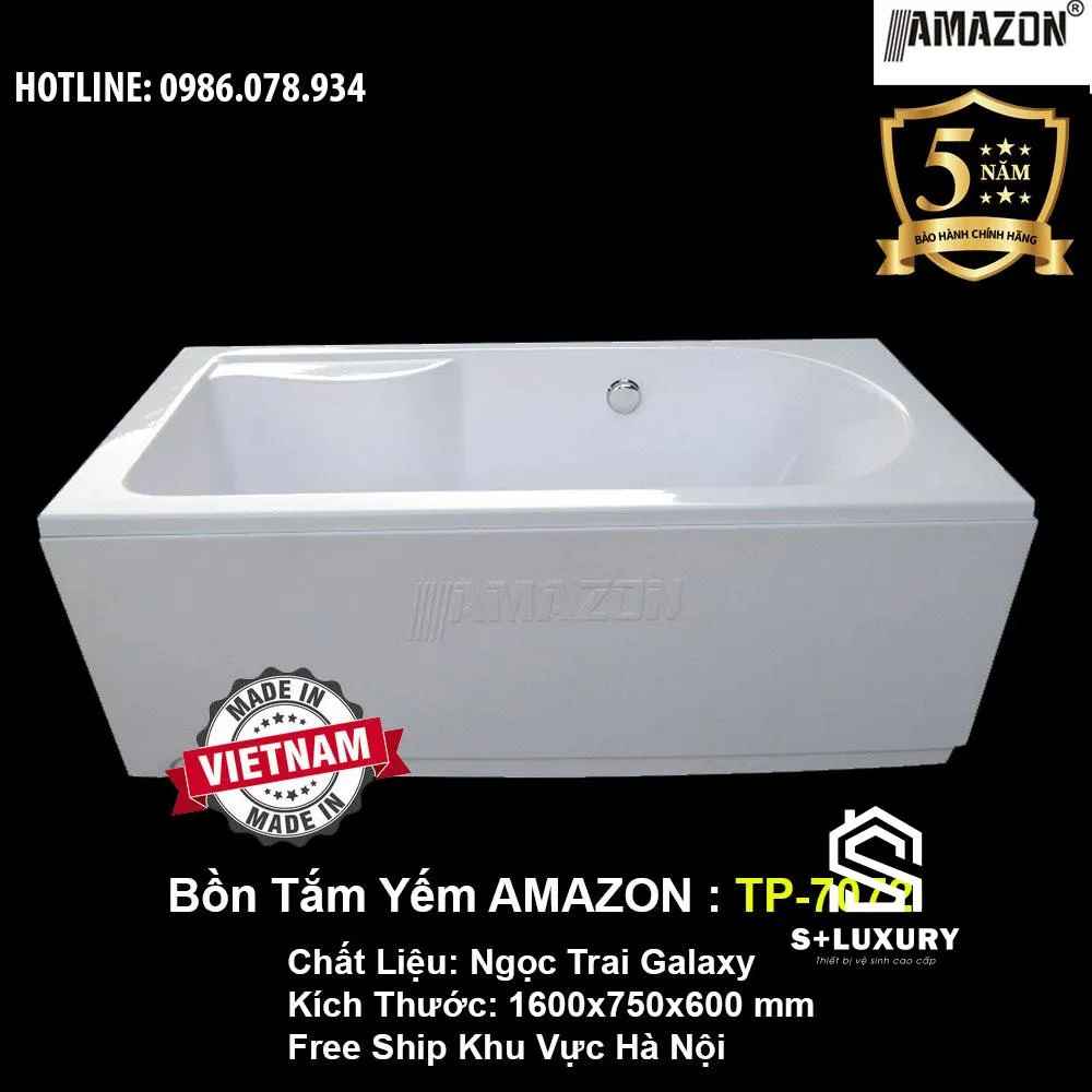 Bồn tắm ngâm chữ nhật ngọc trai 1600x750mm S+ Luxury TP7072 giữ nhiệt lâu Bồn tắm ngâm chữ nhật ngọc trai 1600x750mm S+ Luxury TP7072 giữ nhiệt lâu