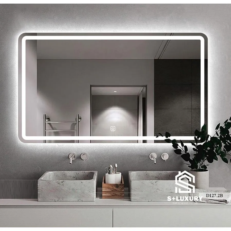 Gương Nhà Tắm LED Cảm Ứng Hình Chữ Nhật Kiểu Dáng Ngang S+ Luxury GL-01 Gương nhà tắm LED cảm ứng hình chữ nhật kiểu dáng ngang phôi Bỉ AGC tích hợp sấy sương và đèn LED 3 màu S+ Luxury GL-01