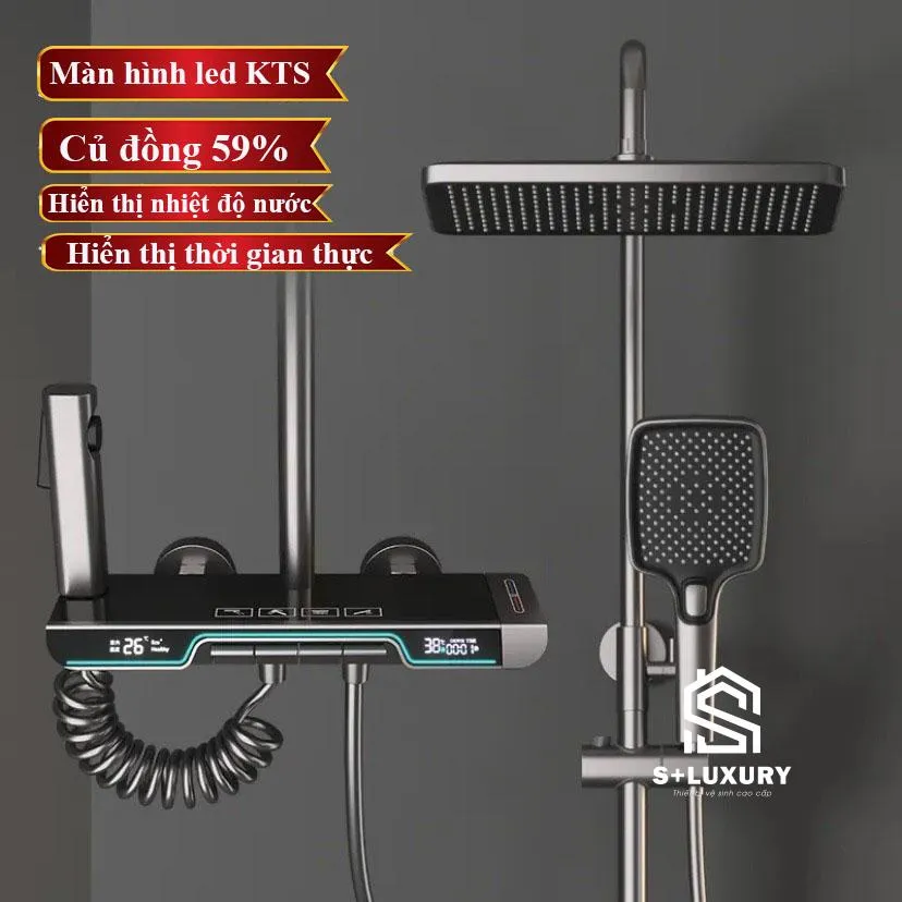 Sen Cây Tắm Đứng Phím Đàn 2 Màn Hình LED Màu Xám S+ Luxury SC-05 - Hình 7 Vòi hoa sen nóng lạnh phím đàn cảm ứng SC-05 nhìn chính diện toàn thân
