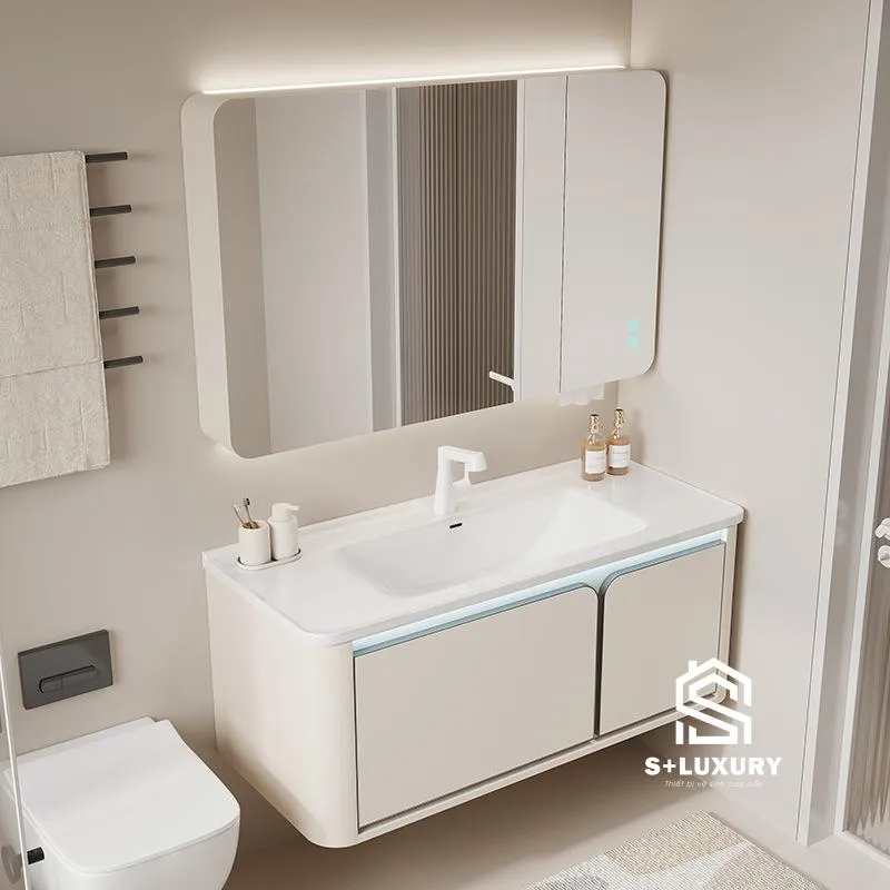 Phối cảnh phòng tắm phong cách Japandi với tủ chậu màu kem DH-32 Phối cảnh phòng tắm phong cách Japandi với tủ chậu màu kem DH-32