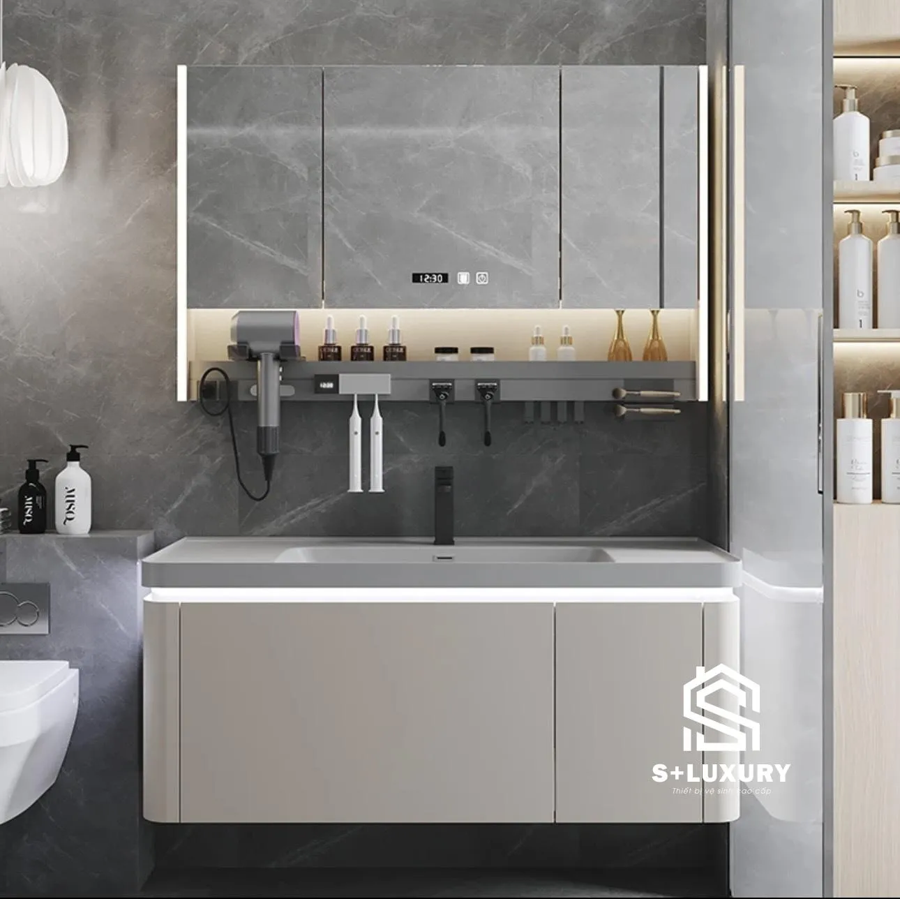 Bộ tủ chậu lavabo 10 trong 1 All in One cao cấp kèm tủ gương LED và phụ kiện tiệt trùng UV Bộ tủ chậu lavabo 10 trong 1 All in One cao cấp kèm tủ gương LED và phụ kiện tiệt trùng UV
