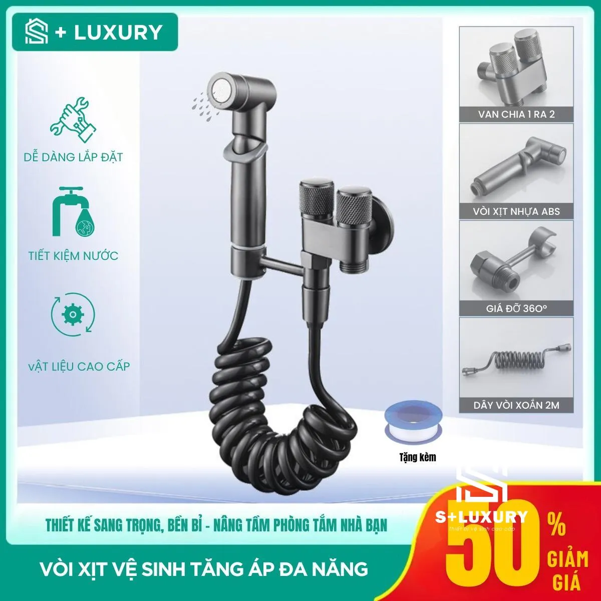 Combo Vòi Xịt Vệ Sinh Kèm Van Chia 2 Đầu Nước Inox 304 S+ Luxury Trọn bộ combo vòi xịt vệ sinh tăng áp inox 304 kèm van chia 2 đầu nước cao cấp S+ Luxury