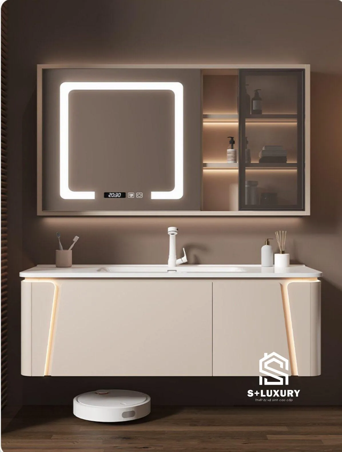 Bộ tủ chậu lavabo kèm tủ gương thông minh cảm ứng LED S+ Luxury DH-48