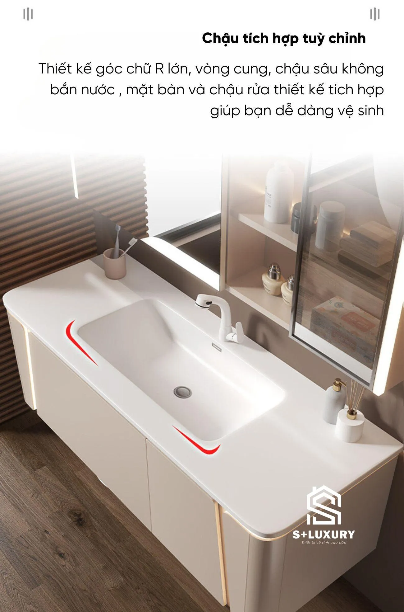 Phối cảnh phòng tắm sang trọng hiện đại với tủ chậu và tủ gương LED DH-48