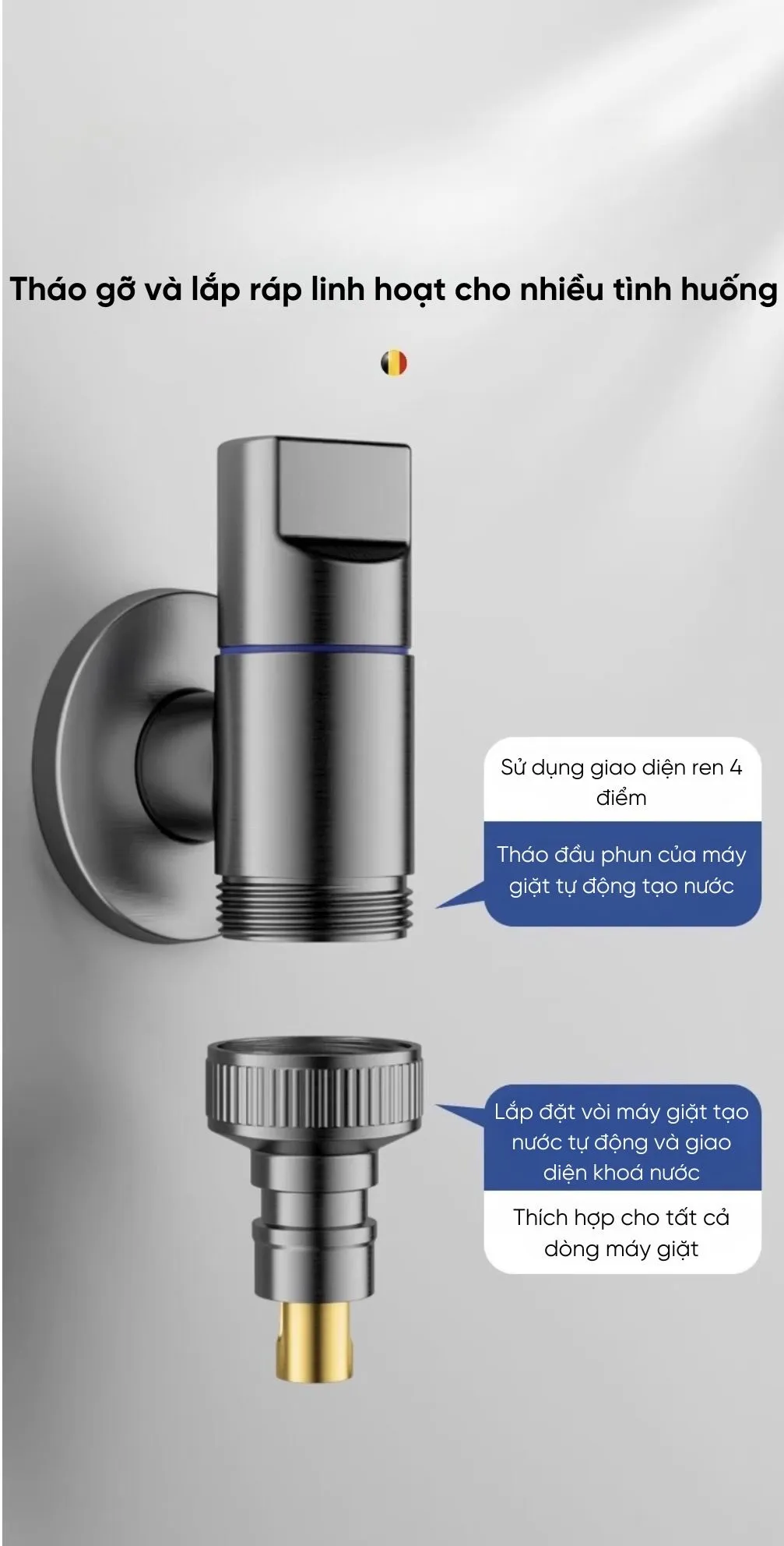 Trọn bộ sản phẩm vòi nước máy giặt tự ngắt thông minh S+ Luxury VM-01 gồm thân vòi, nắp chụp và đầu cút nối nhanh Trọn bộ sản phẩm vòi nước máy giặt tự ngắt thông minh S+ Luxury VM-01 gồm thân vòi, nắp chụp và đầu cút nối nhanh