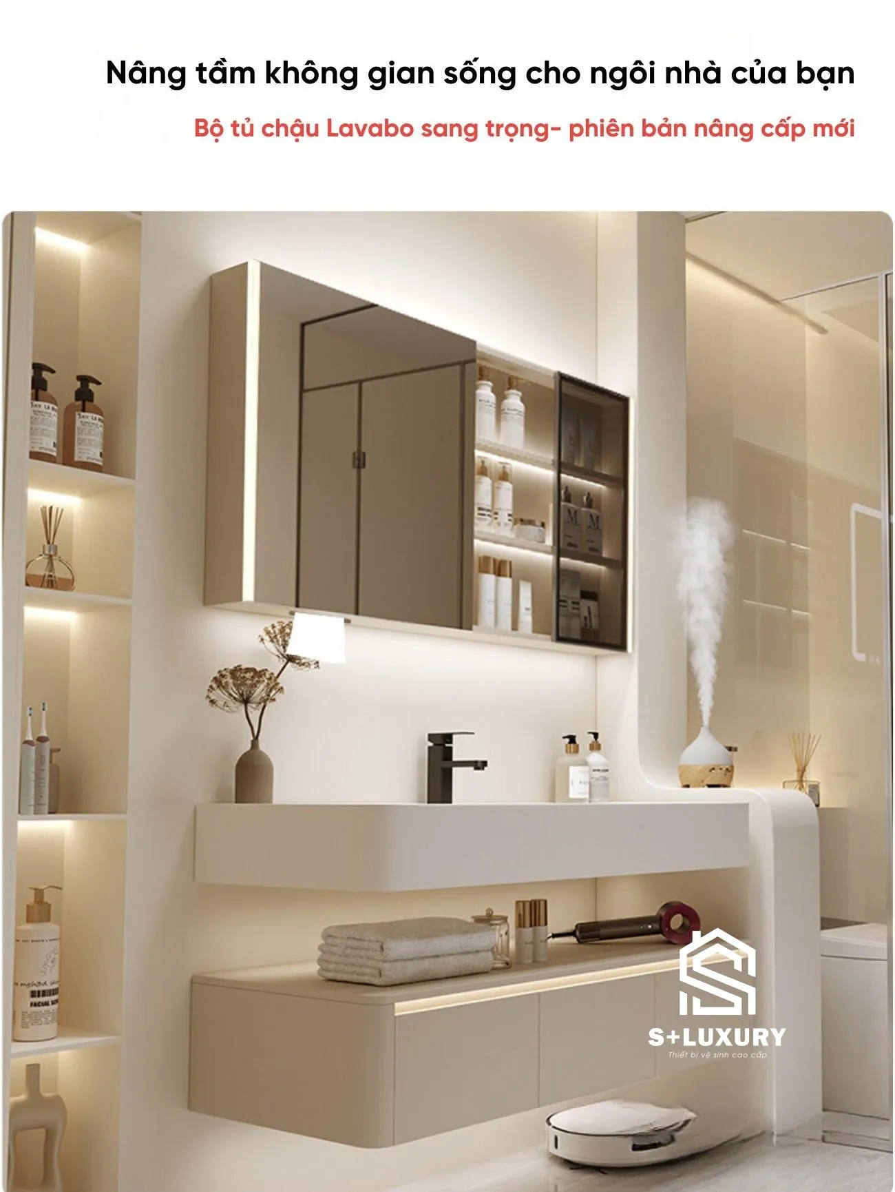 Bộ tủ chậu lavabo DH-49 kèm tủ gương LED trong phòng tắm hiện đại Bộ tủ chậu lavabo DH-49 kèm tủ gương LED trong phòng tắm hiện đại