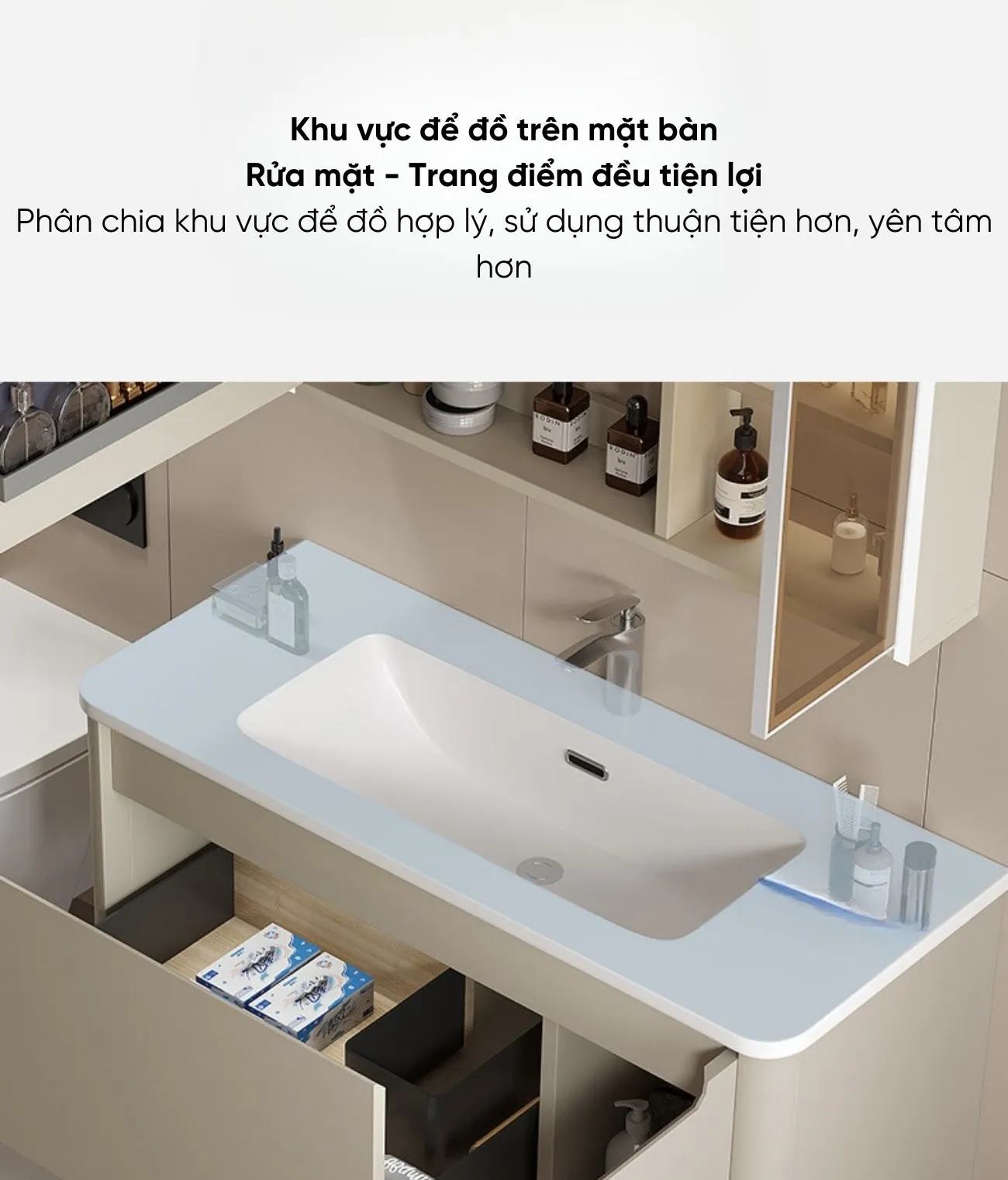 Khoang chứa đồ rộng rãi bố trí ngăn nắp bên dưới chậu lavabo HM-01 Khoang chứa đồ rộng rãi bố trí ngăn nắp bên dưới chậu lavabo HM-01