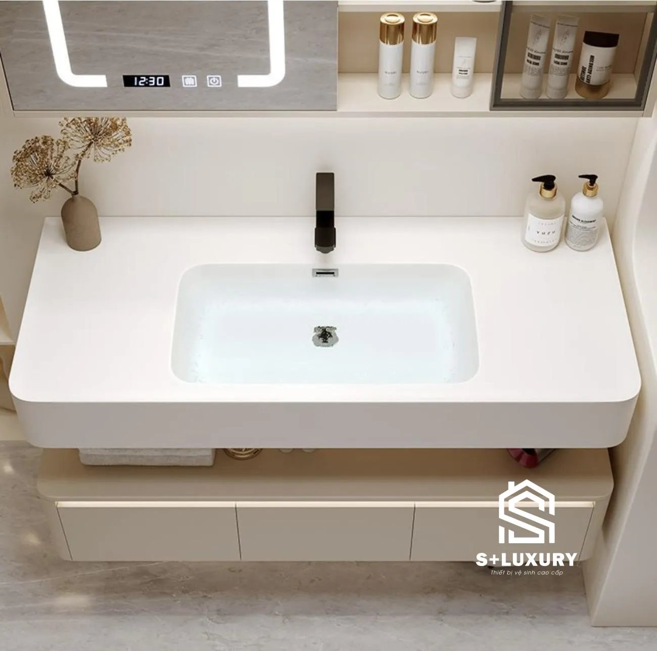 Mặt chậu sứ liền khối và khoang lưu trữ tủ lavabo DH-49 Mặt chậu sứ liền khối và khoang lưu trữ của tủ lavabo DH-49