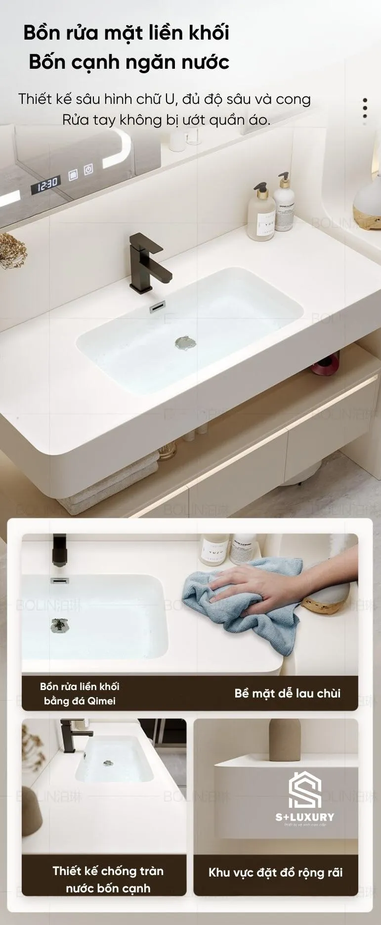 Mặt chậu lavabo DH-49 thiết kế bốn cạnh ngăn nước Mặt chậu lavabo DH-49 thiết kế bốn cạnh giúp hạn chế nước tràn