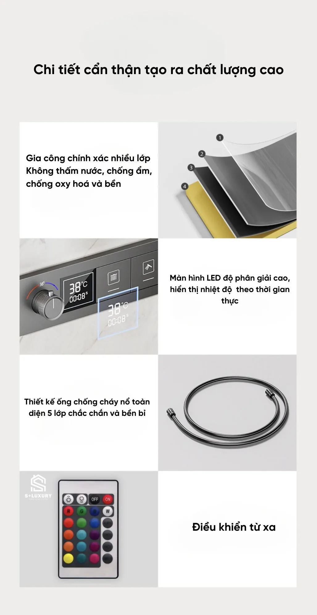 Trọn Bộ Sen Tắm Âm Trần 4 Chức Năng Inox 304 ST-04 Chính Hãng S+ Luxury Trọn bộ sen tắm âm trần 4 chức năng Inox 304 S+ Luxury ST-04 gồm bát sen trần LED 500x500mm và củ sen âm tường