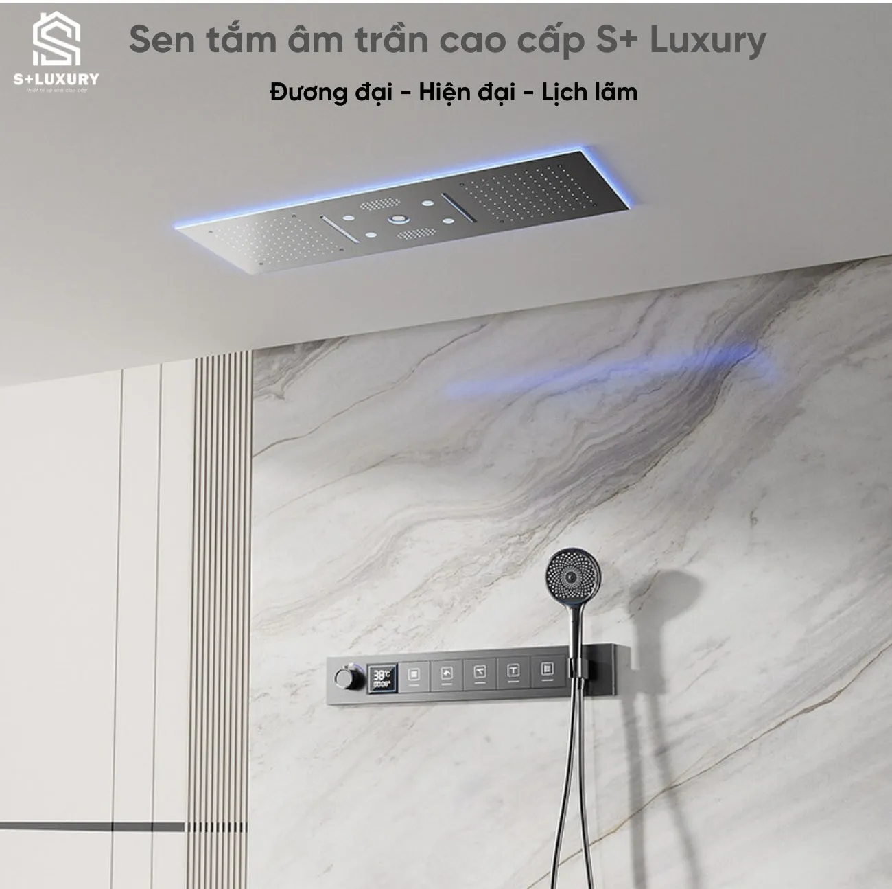 Phối Cảnh Bộ Sen Tắm Âm Trần 4 Chức Năng Inox 304 S+ Luxury ST-04 Phối cảnh thực tế bộ sen tắm âm trần 4 chức năng Inox 304 S+ Luxury ST-04 trong phòng tắm biệt thự cao cấp