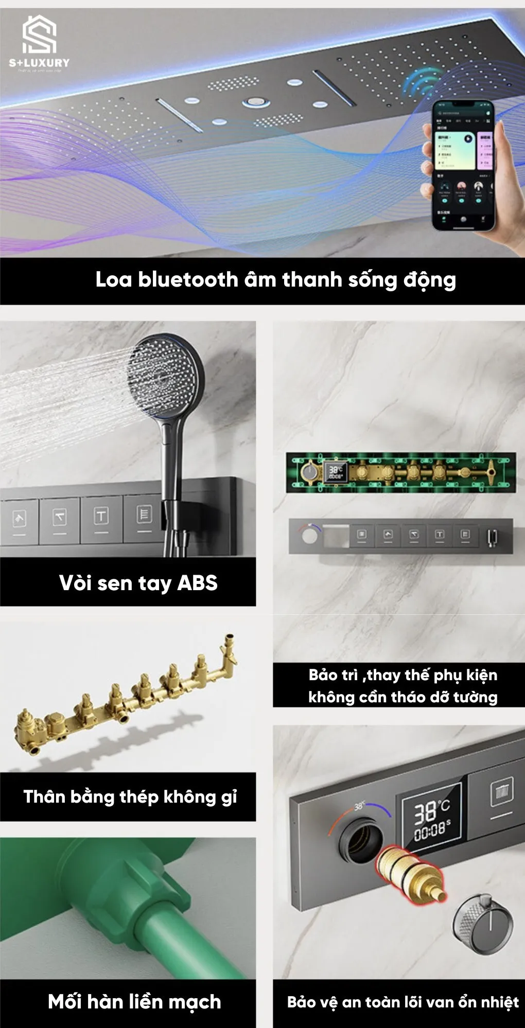 Khối Van Đồng Đúc Nguyên Khối Và Hộp Âm Tường Chống Thấm ST-04 Chi tiết cấu tạo khối van chia nước đồng thau đúc nguyên khối và hộp bảo vệ âm tường bộ sen ST-04