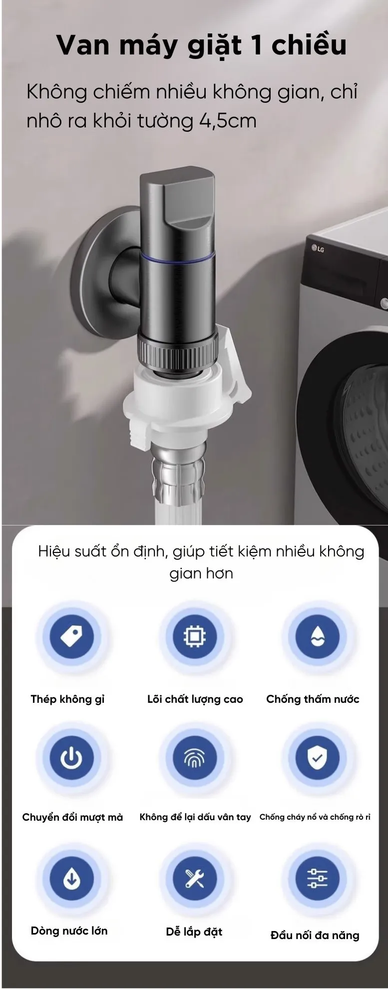 Thiết kế vòi nước máy giặt tự ngắt VM-01 gắn tường siêu mỏng chỉ nhô ra 4.5cm tiết kiệm diện tích tối đa Thiết kế vòi nước máy giặt tự ngắt VM-01 gắn tường siêu mỏng chỉ nhô ra 4.5cm tiết kiệm diện tích tối đa