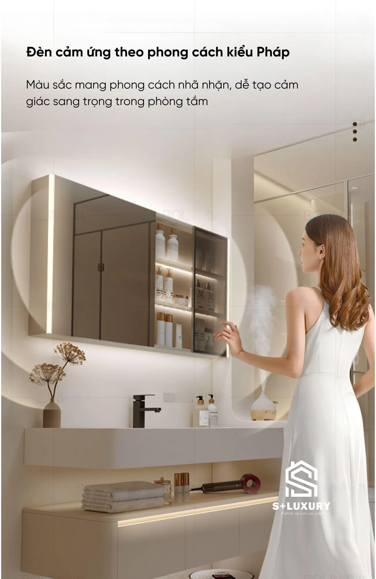 Tủ chậu lavabo DH-49 với đèn cảm ứng trong phòng tắm hiện đại Tủ chậu lavabo DH-49 với tủ gương LED và người dùng trong phòng tắm