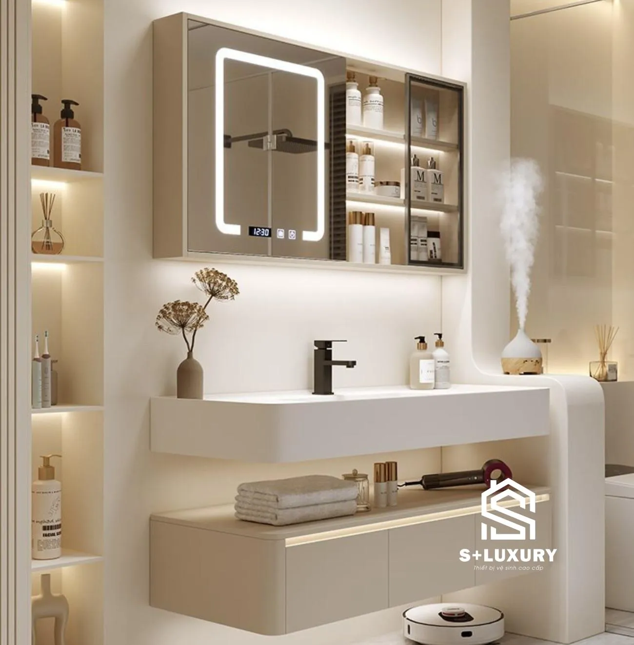 Góc nhìn thực tế tủ chậu lavabo DH-49 kèm tủ gương LED Góc nhìn thực tế bộ tủ chậu lavabo DH-49 và tủ gương LED trong phòng tắm