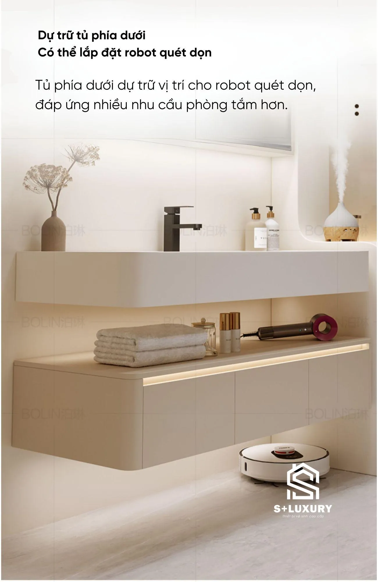Tủ chậu lavabo DH-49 có khoảng trống cho robot hút bụi Khoảng trống dưới tủ chậu lavabo DH-49 cho robot hút bụi