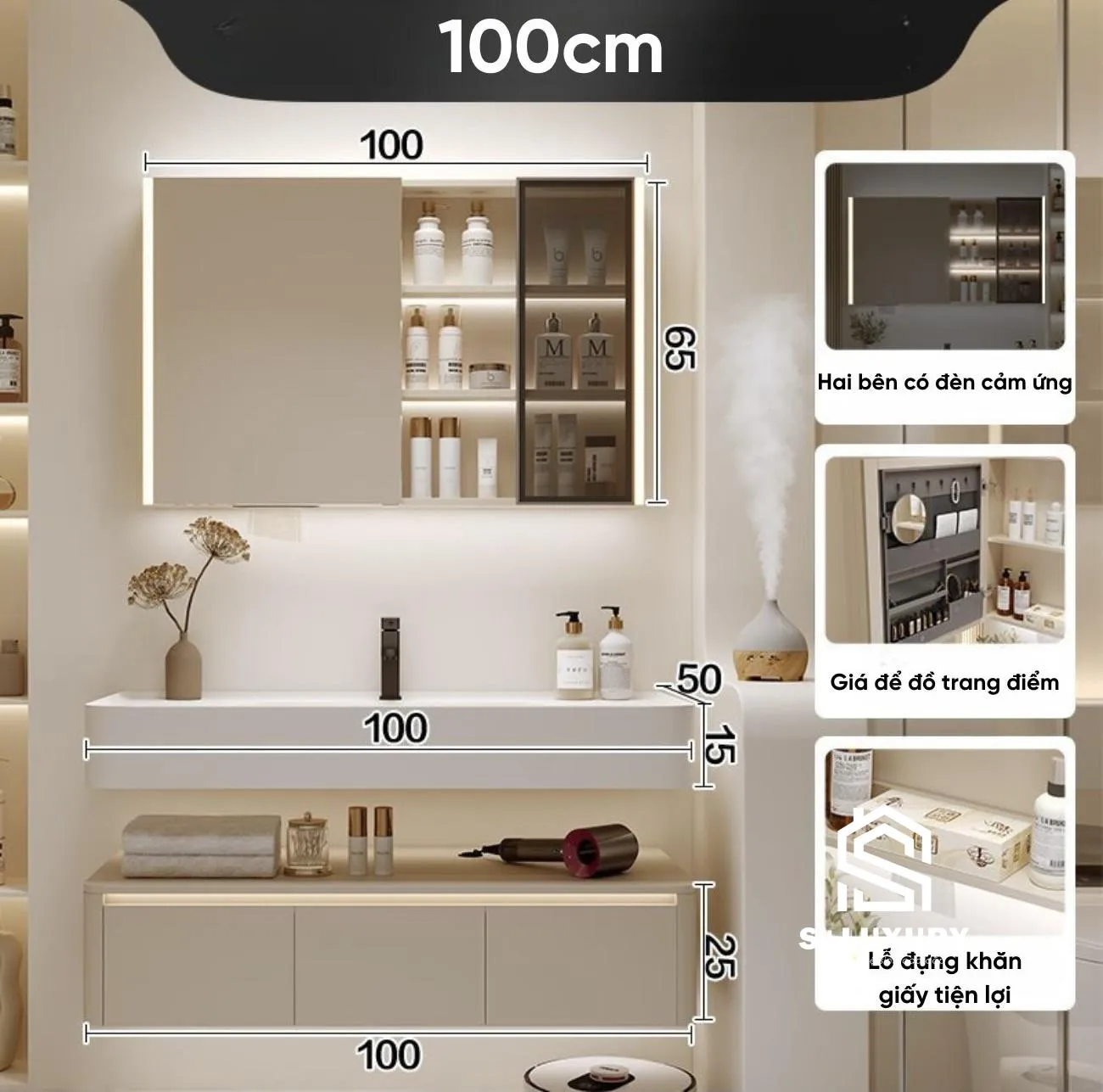 Kích thước tủ chậu lavabo DH-49 bản 100cm Kích thước tủ chậu lavabo DH-49 bản rộng 100cm