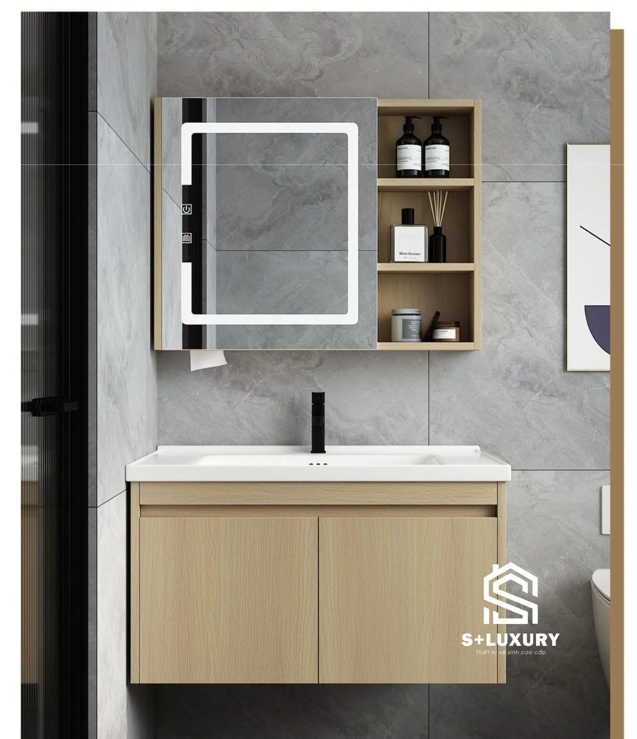 Bộ tủ chậu lavabo nhựa PVC đặc kèm tủ gương LED thông minh HM02 Tổng thể bộ tủ chậu lavabo nhựa PVC đặc cao cấp kèm tủ gương LED cảm ứng thông minh HM02 màu be trang nhã