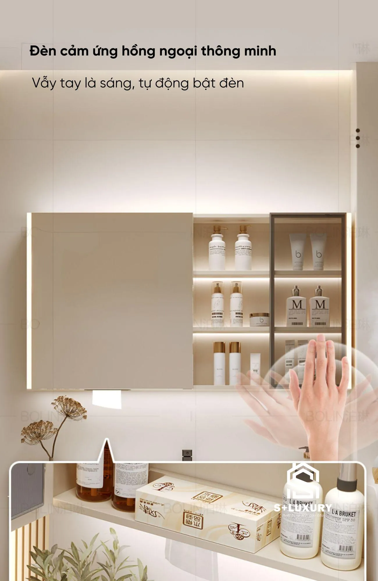 Tủ gương lavabo DH-49 với đèn LED cảm ứng hồng ngoại Tủ gương lavabo DH-49 bật đèn LED bằng cảm ứng hồng ngoại