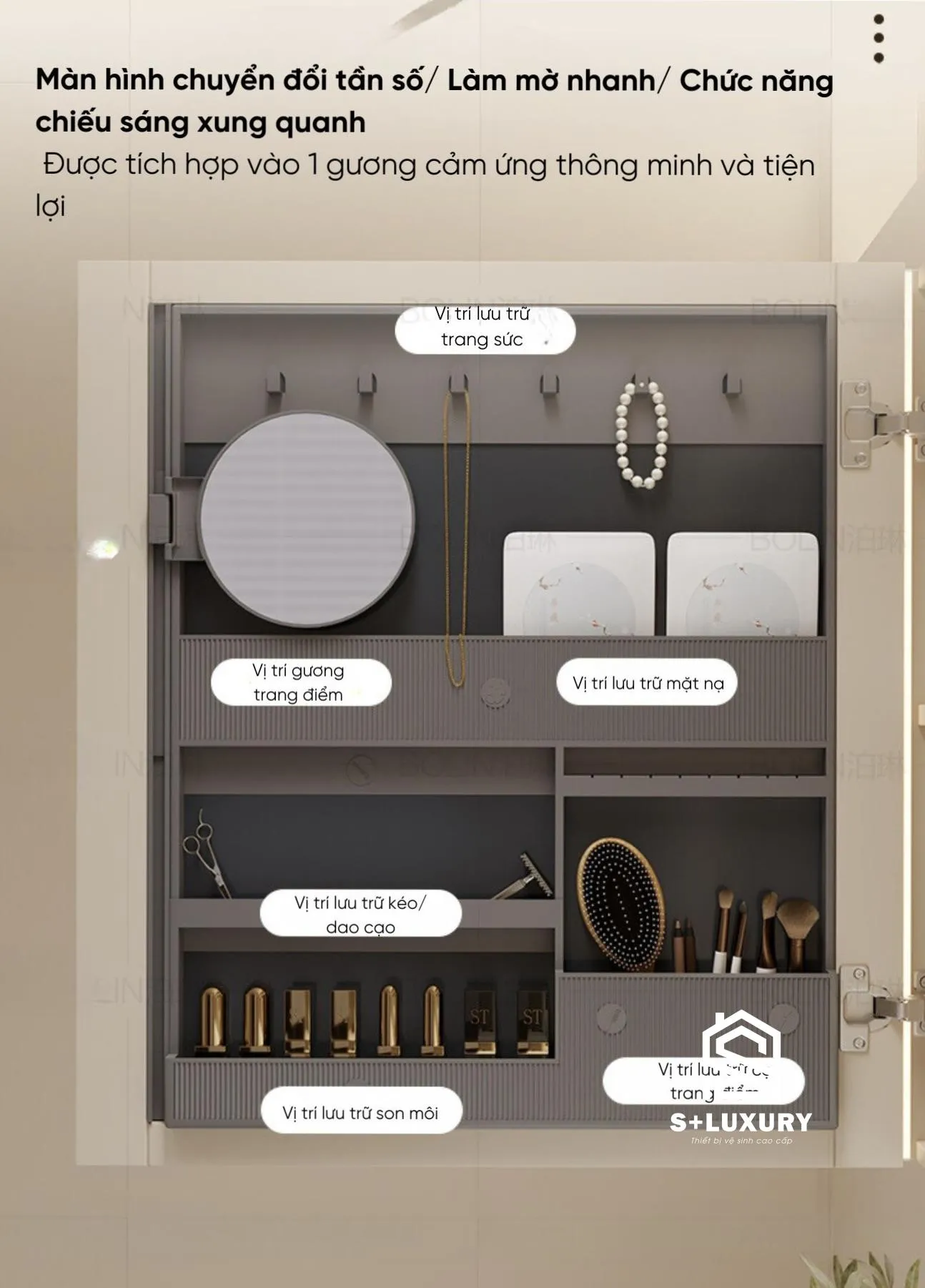 Khoang tủ gương lavabo DH-49 lưu trữ trang sức và mỹ phẩm Khoang tủ gương lavabo DH-49 chia ngăn lưu trữ trang sức và mỹ phẩm