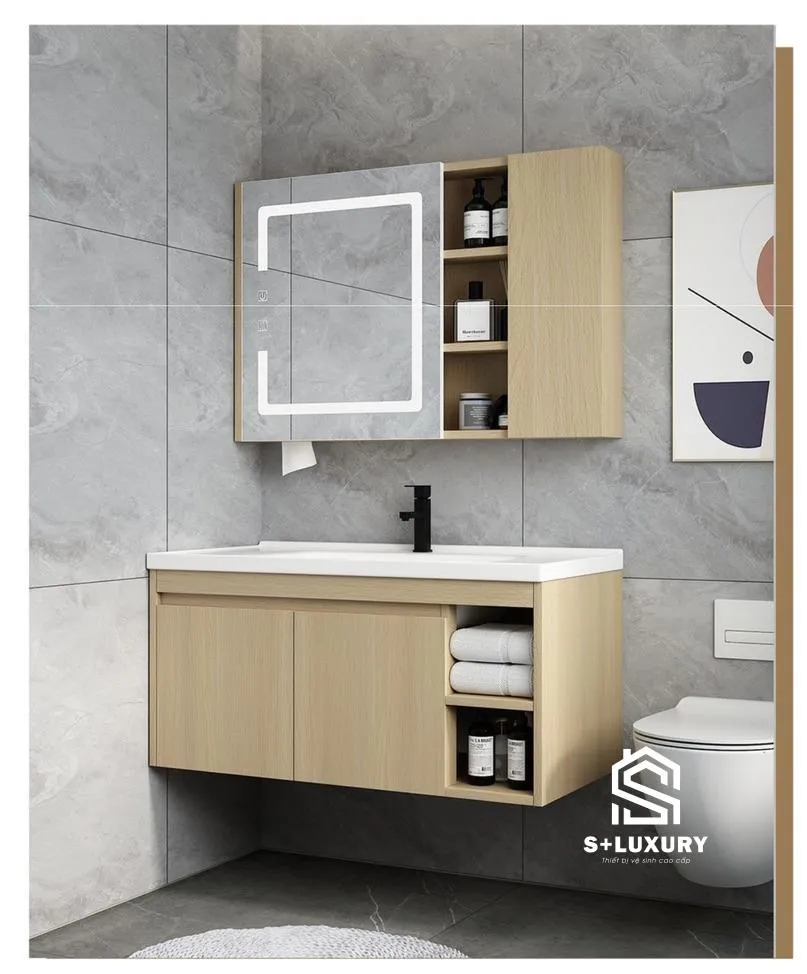 Tủ gương phòng tắm tích hợp đèn LED cảm ứng và hiển thị nhiệt độ HM02 Tủ gương phòng tắm tích hợp đèn LED cảm ứng đồng hồ đo nhiệt độ thời gian và khoang chứa đồ kín đáo HM02
