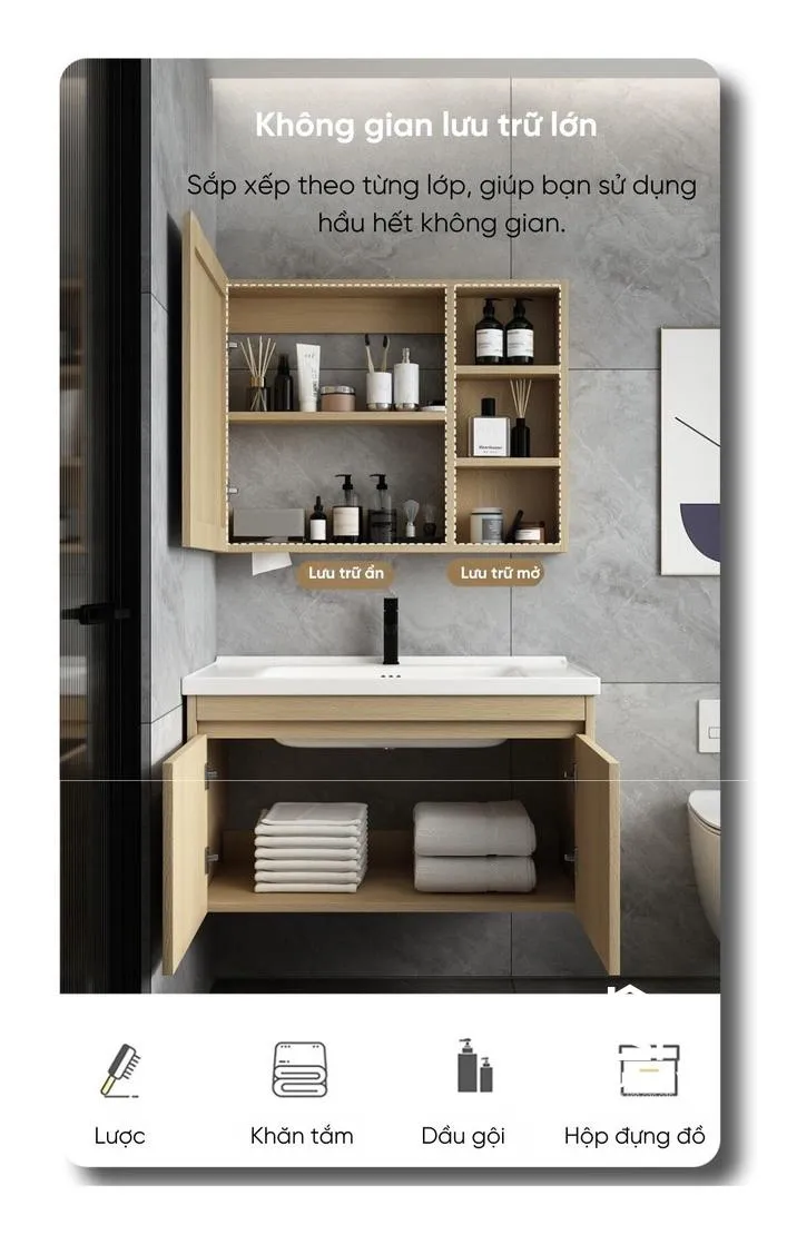 Tủ chậu lavabo nhựa treo tường HM02 chịu lực chống ẩm mốc tuyệt đối Bộ tủ chậu lavabo nhựa PVC treo tường HM02 chịu lực tải trọng cao chống ẩm mốc hoàn toàn cho phòng tắm